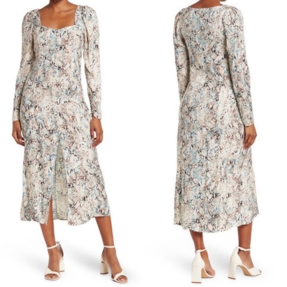 AFRM Elegant Cream and Blue Long Sleeve Dress